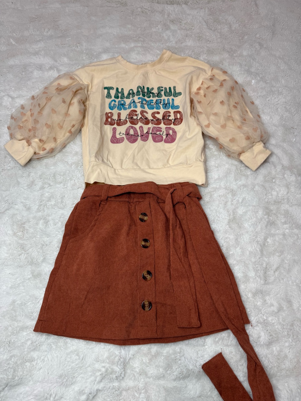 Marie Nicole Girls Cream Puff-Sleeve Sweatshirt with Rust Skirt Set